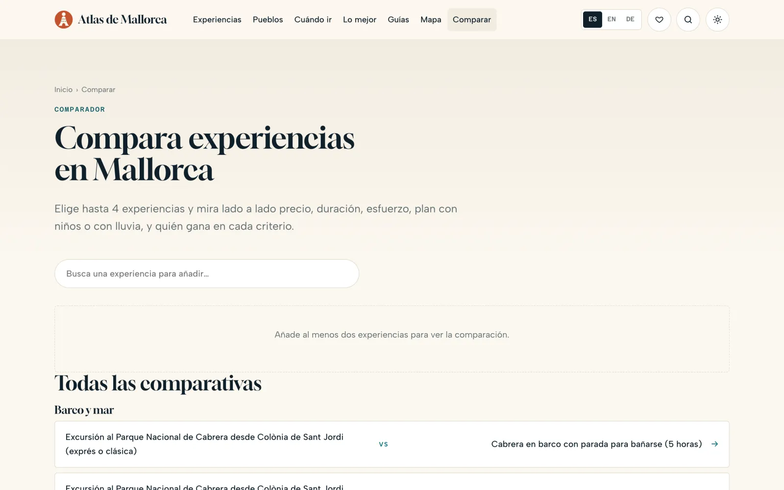 Experience comparison tool with the search box to add them and the list of comparisons
