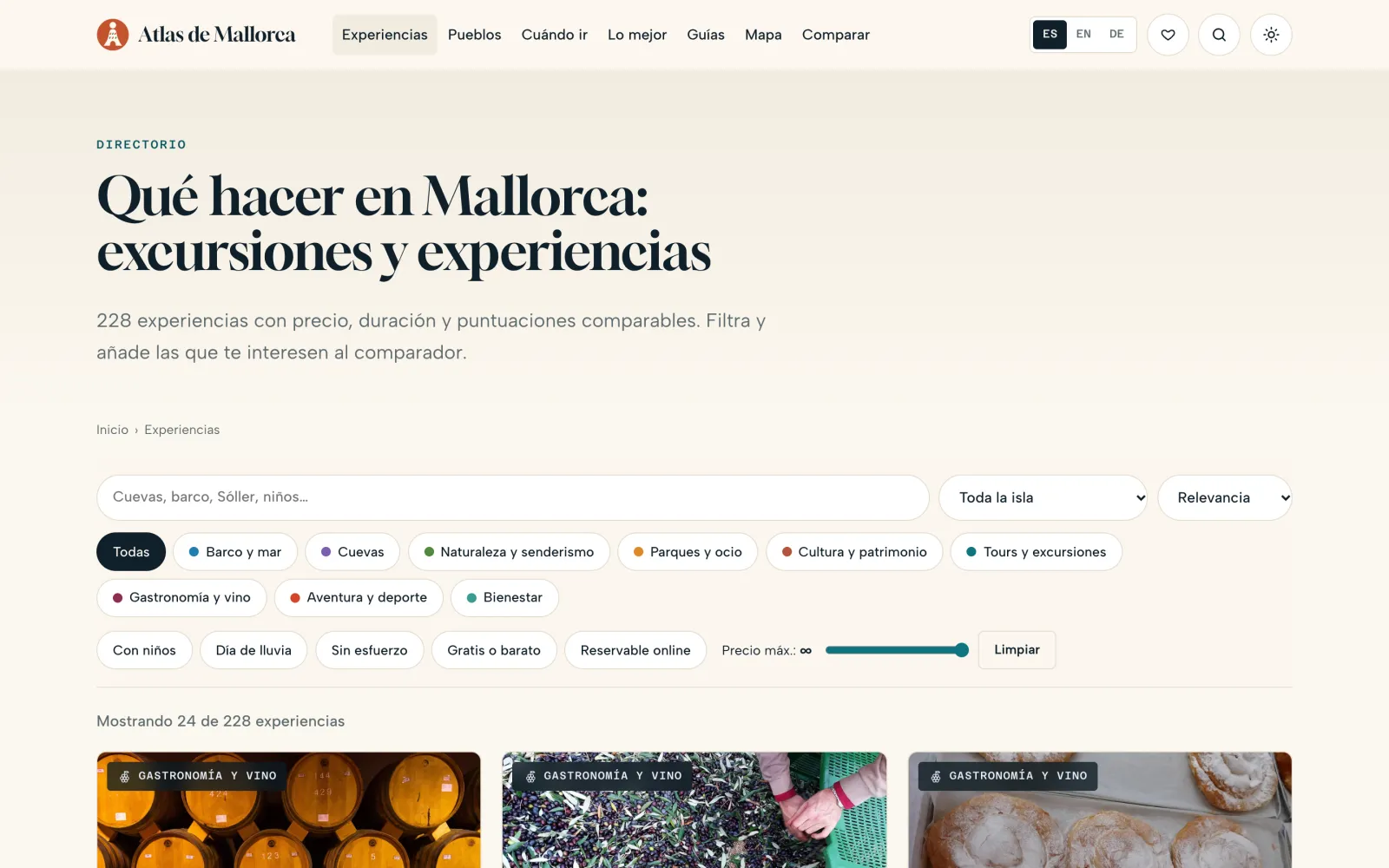 Experience directory with the search box, category filters and price control