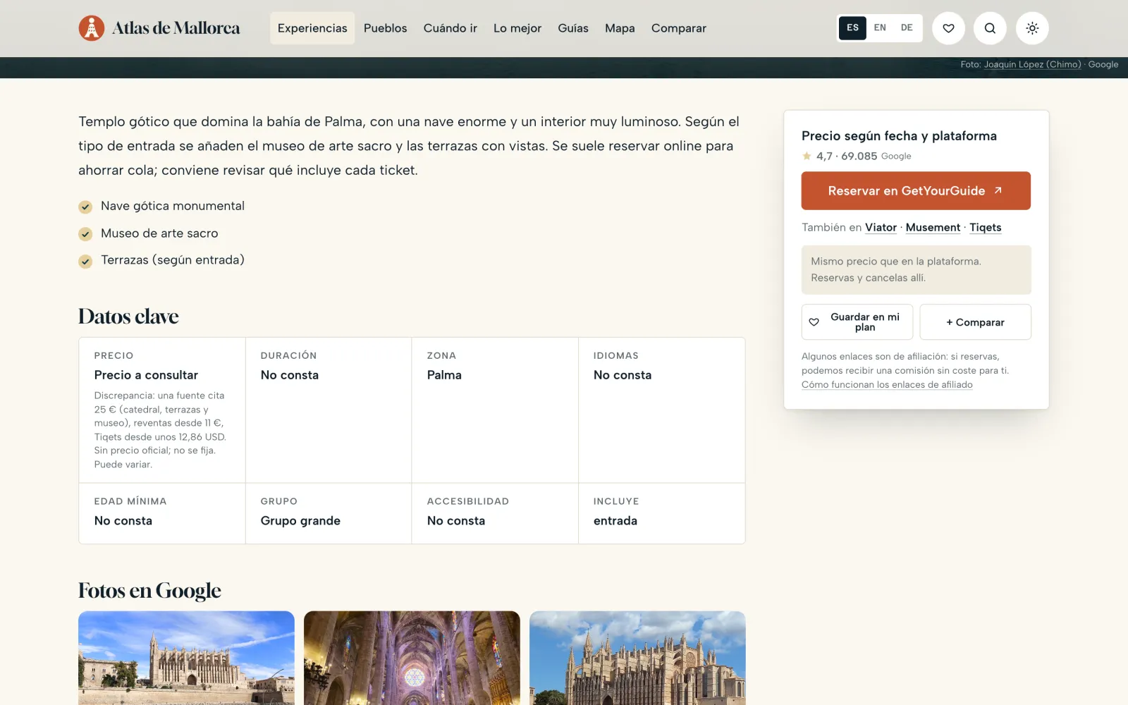 Listing for Mallorca Cathedral (La Seu) with the key facts, Google photos and the sticky booking box: GetYourGuide, plus Viator, Musement and Tiqets