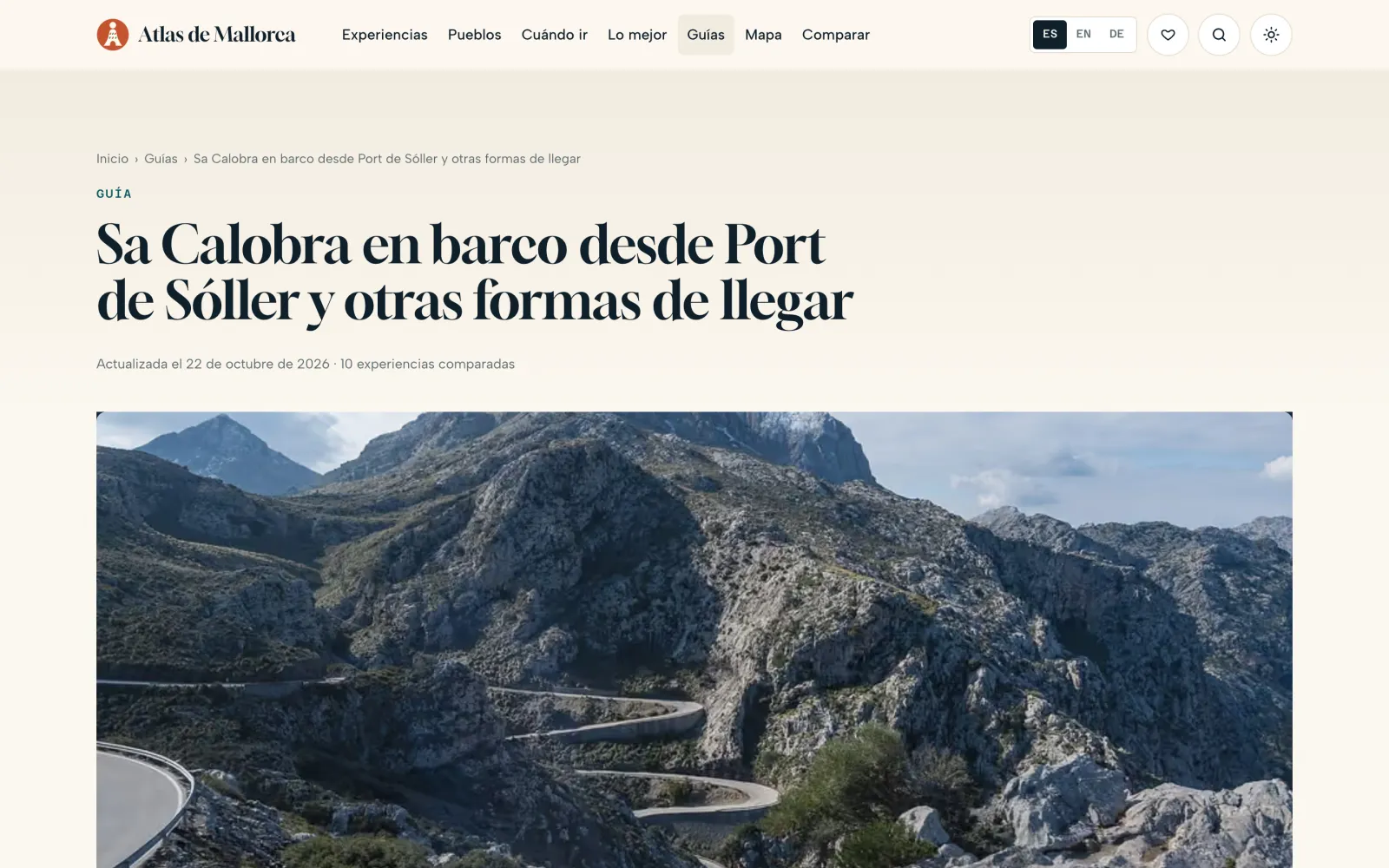 The guide “Sa Calobra by boat from Port de Sóller and other ways to get there”, with a photo of the Sa Calobra road