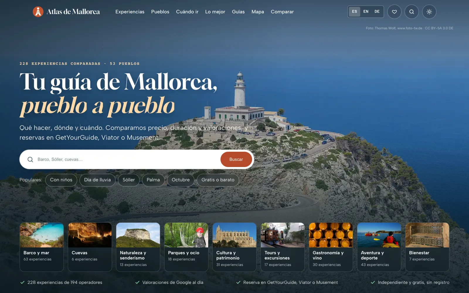 Atlas de Mallorca home page: the headline “Your guide to Mallorca, town by town” over a photo of the Formentor lighthouse, the search box and the nine types of plan