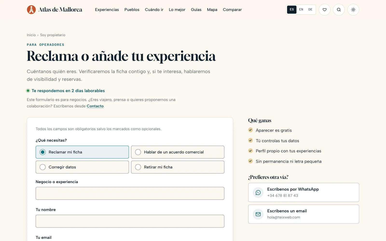The “Claim or add your experience” page for operators, with the benefits and the form