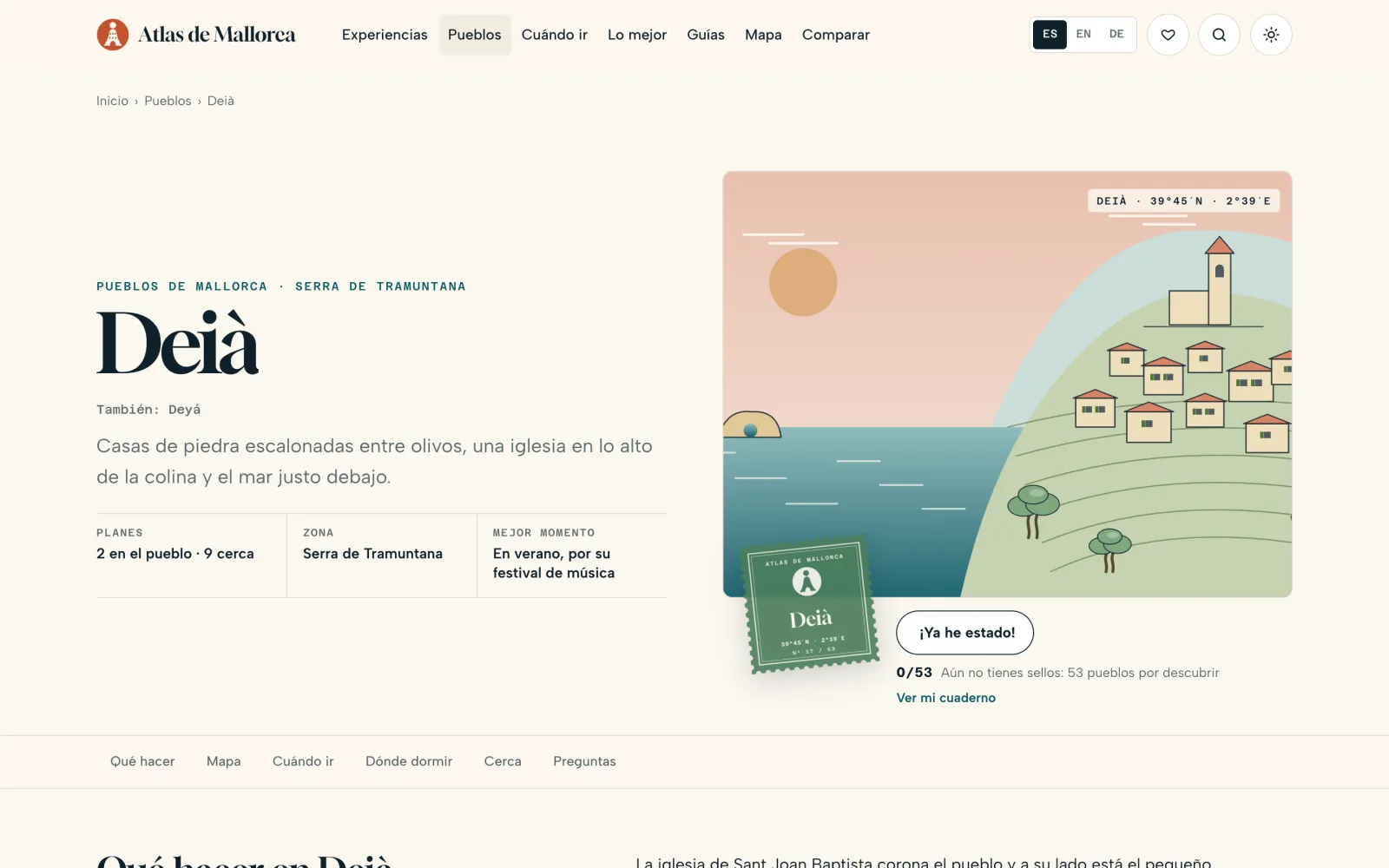 Deià town page with its illustration: houses on the hill, the church and the sea