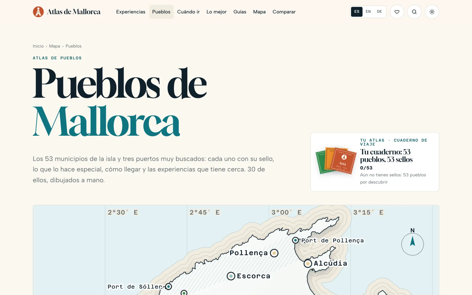 “Towns of Mallorca”: the 53 municipalities and three harbours, with the stamp notebook and a map of the north coast