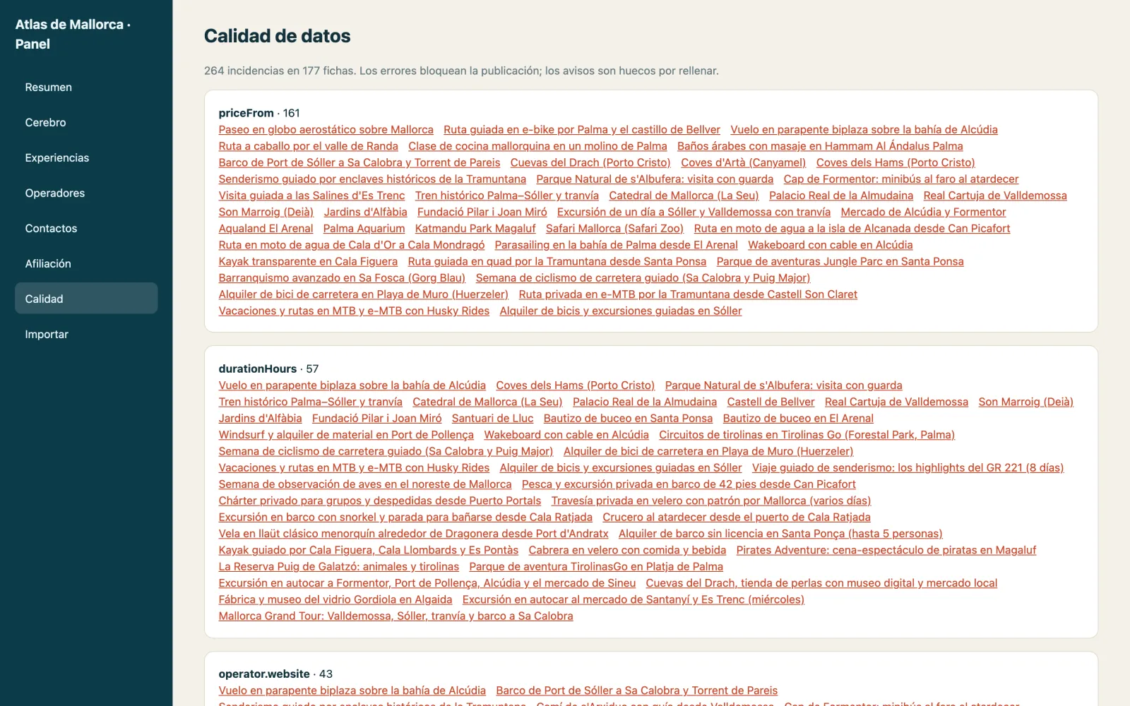Dashboard: “Data quality” with warnings grouped by field