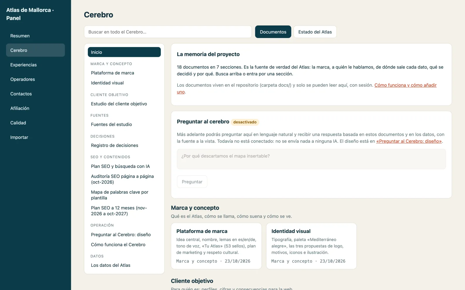 The Atlas “Brain”: home with the document sections