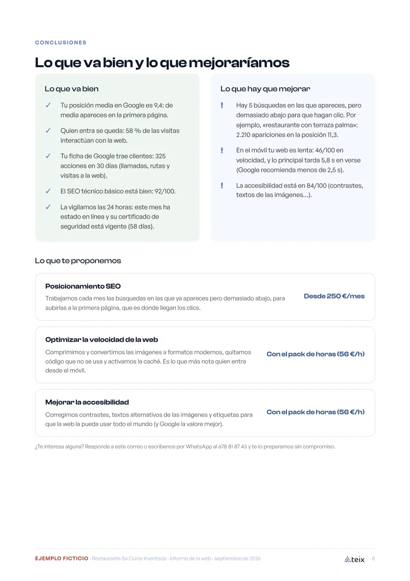 Página 8 del informe de ejemplo (empresa ficticia): Conclusiones y propuestas